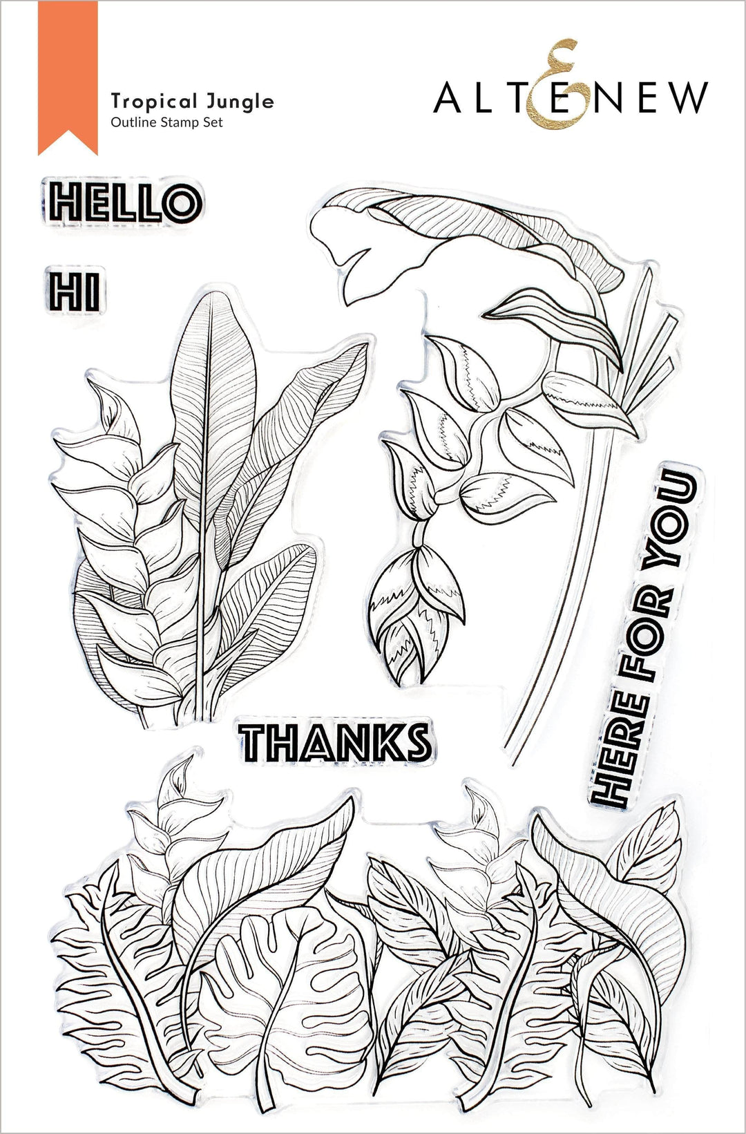 Altenew Tropical Jungle Clear Stamp Set featuring detailed jungle leaf and plant designs for crafting and card making.