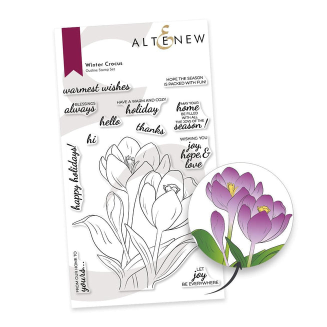 Altenew Winter Crocus clear stamp set featuring floral designs for winter crafting projects and card making.
