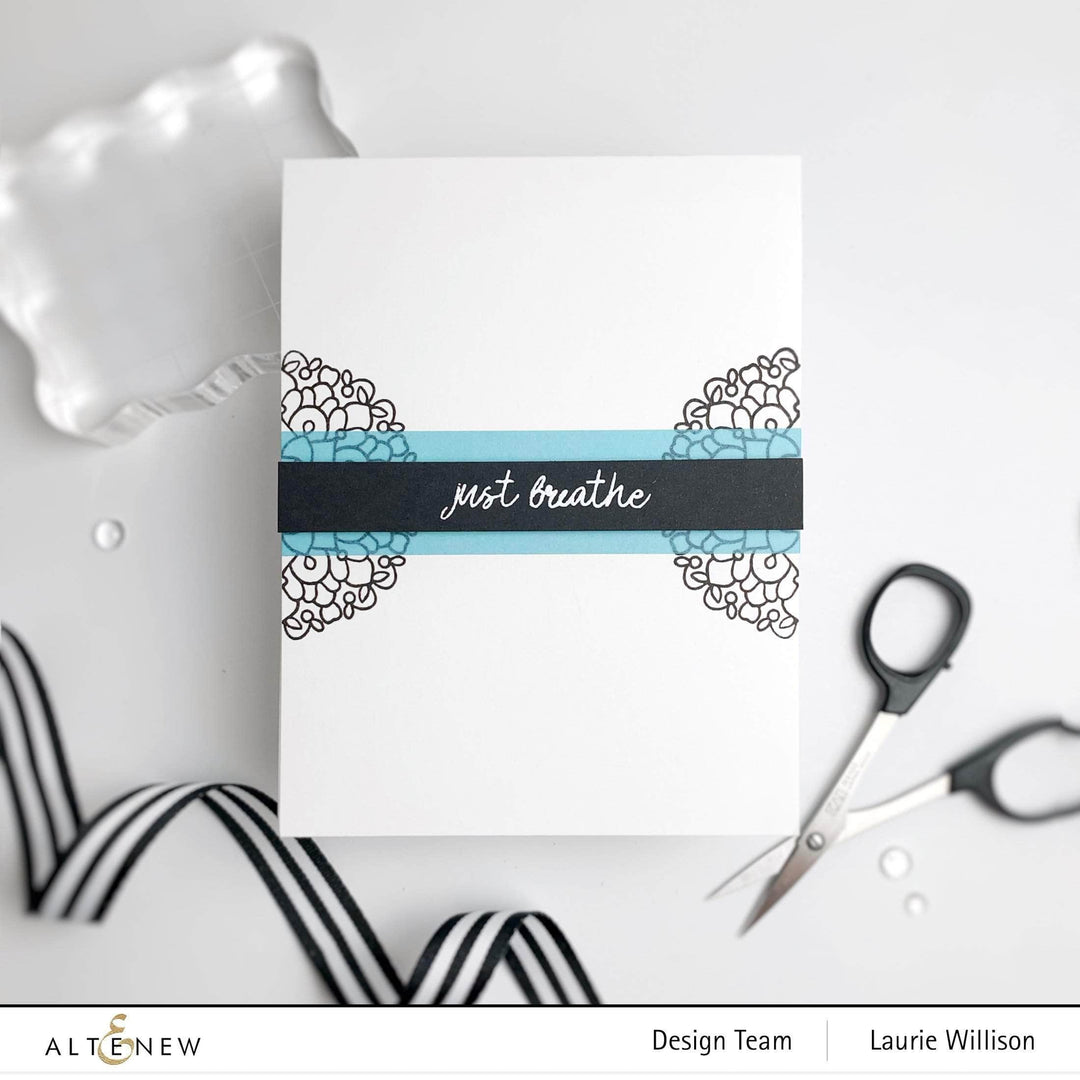 Altenew Breathe Clear Stamp Set featuring various botanical and sentiment designs on transparent rubber for crafting.