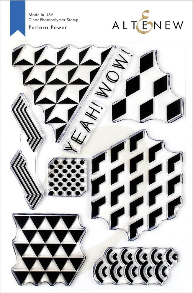 Altenew Pattern Power Stamp Set featuring clear stamps with Z-shaped geometric patterns for crafting and stamping projects.