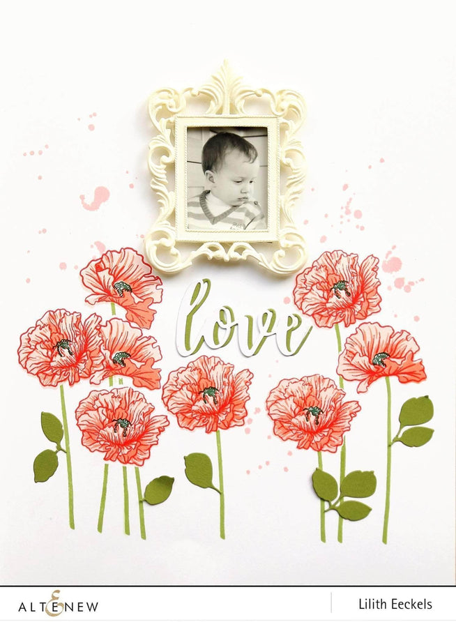 Altenew Poppy Fields clear stamp set with floral and foliage designs for crafting and card making projects.