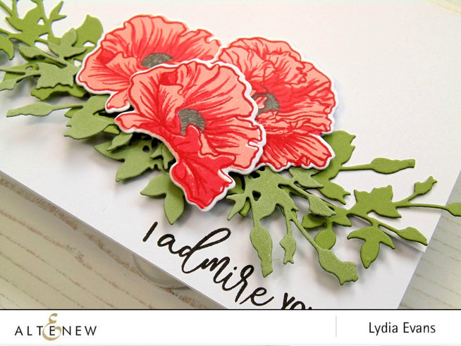 Altenew Poppy Fields Clear Stamp Set with floral and foliage designs for creating vibrant botanical crafts.