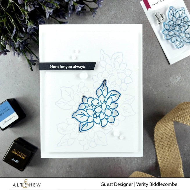 Altenew Sweet Cluster Stamp Set, clear stamps with floral and leaf designs for crafting and card making.