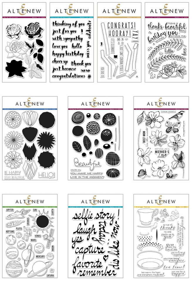 Altenew Ultimate Floral Script Collection clear stamps set with intricate floral and script designs for card making and crafts.
