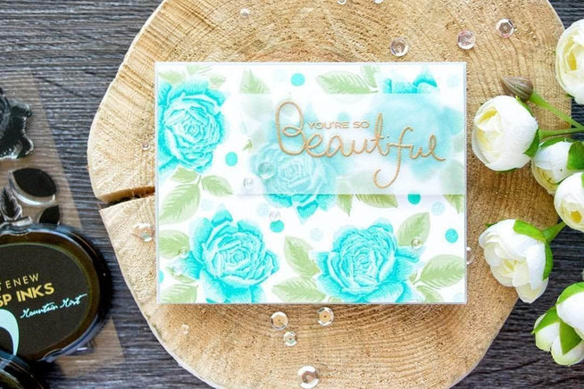Altenew Ultimate Floral Script Collection clear stamps with intricate floral and script designs for crafting and card making.