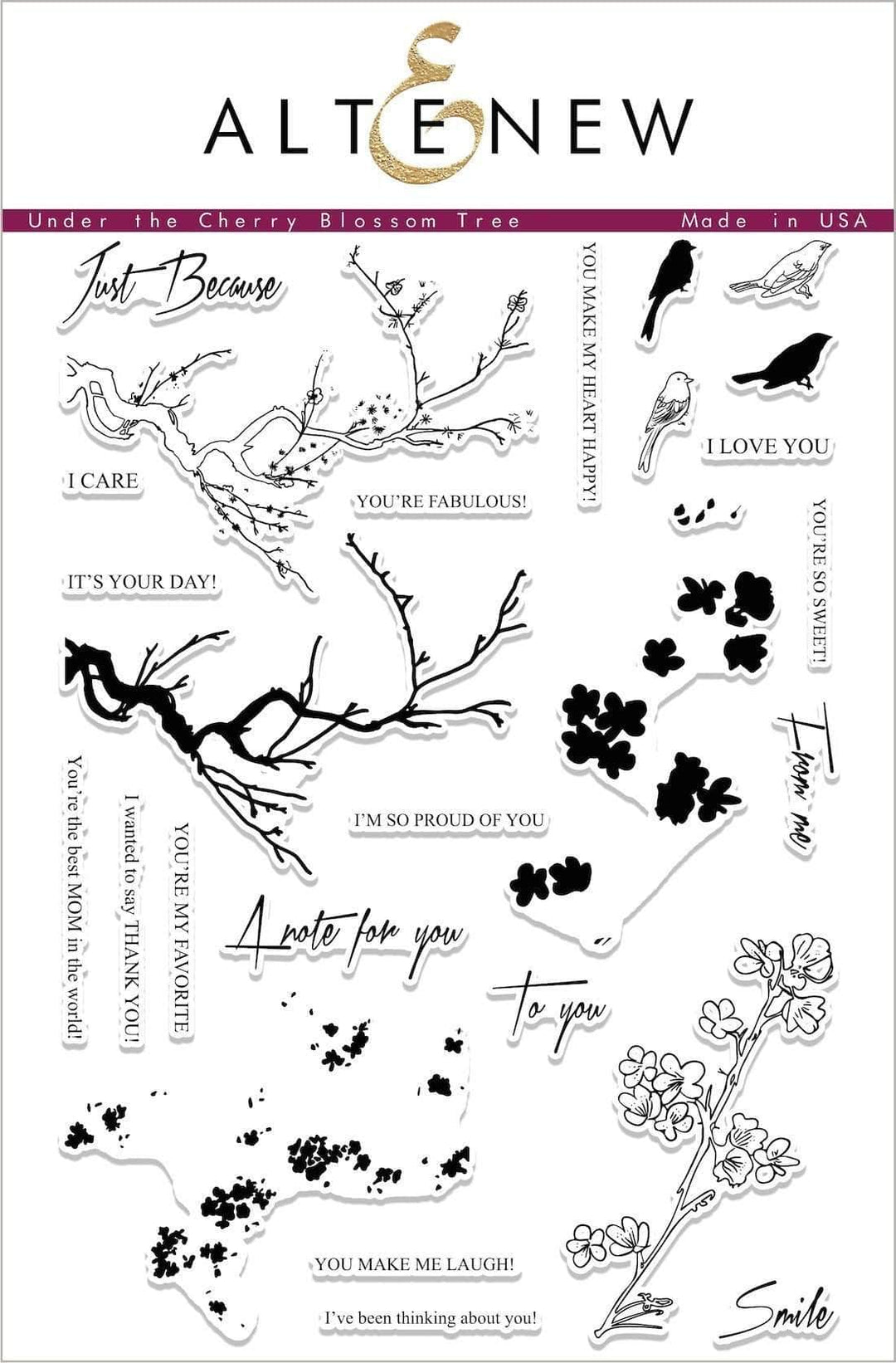 Altenew Under the Cherry Blossom Tree clear stamp set with cherry blossom designs for crafting and card making.