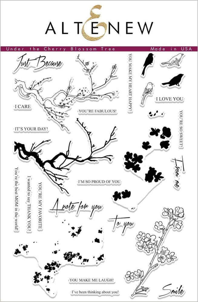 Altenew Under the Cherry Blossom Tree clear stamp set with cherry blossom designs for crafting and card making.