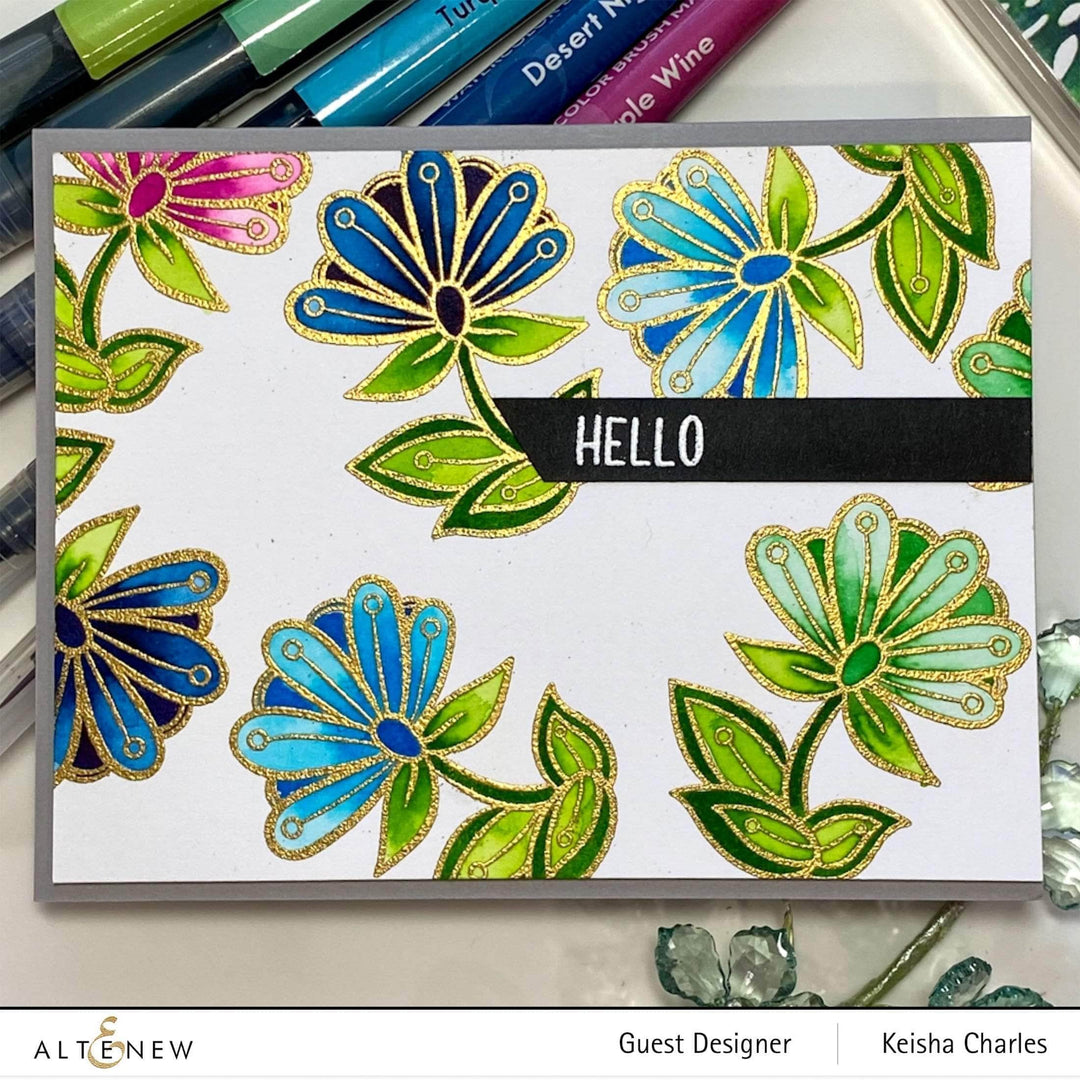 Altenew Whimsical Motif Stamp Set with clear stamps featuring playful, artistic designs for crafting and card making.