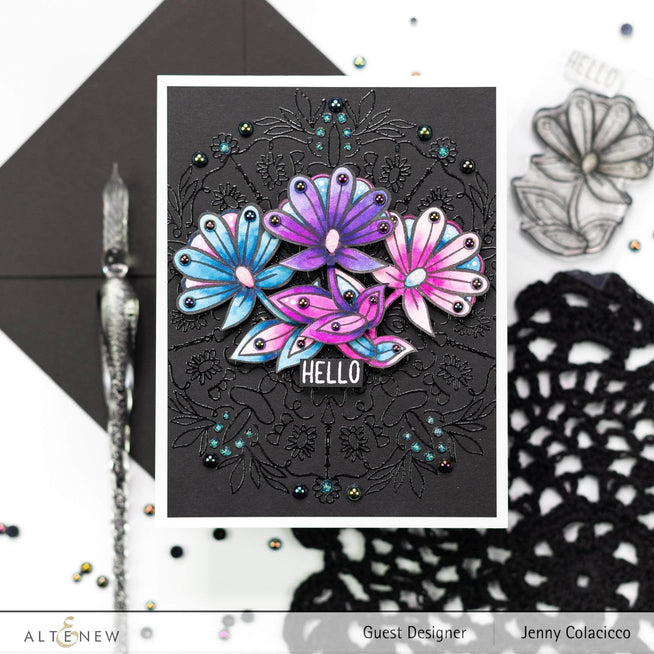 Set of Altenew clear stamps featuring whimsical motifs for crafting and decorating, displayed on a transparent backing.