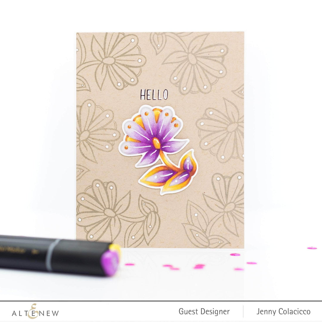 Altenew Whimsical Motif Clear Stamp Set featuring playful floral and abstract designs on transparent stamps for crafting projects.