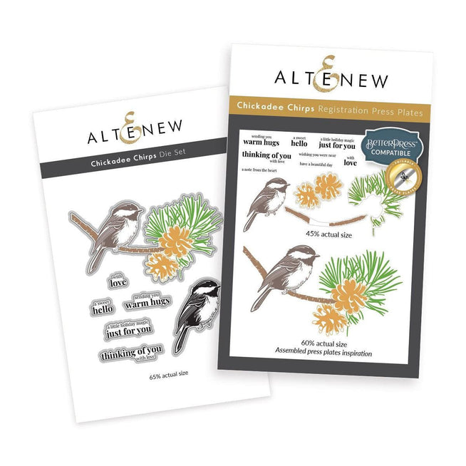 Altenew Chickadee Chirps die and Betterpress plate bundle featuring detailed bird and musical note designs for crafting.