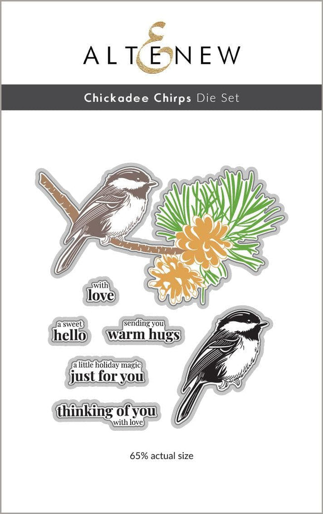 Altenew Chickadee Chirps die and Betterpress plate bundle featuring bird and nature-themed designs for craft projects.