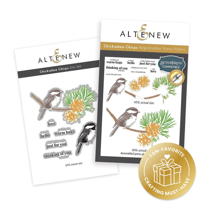 Altenew Chickadee Chirps die and Betterpress plate bundle featuring bird-themed designs for card making and craft projects.