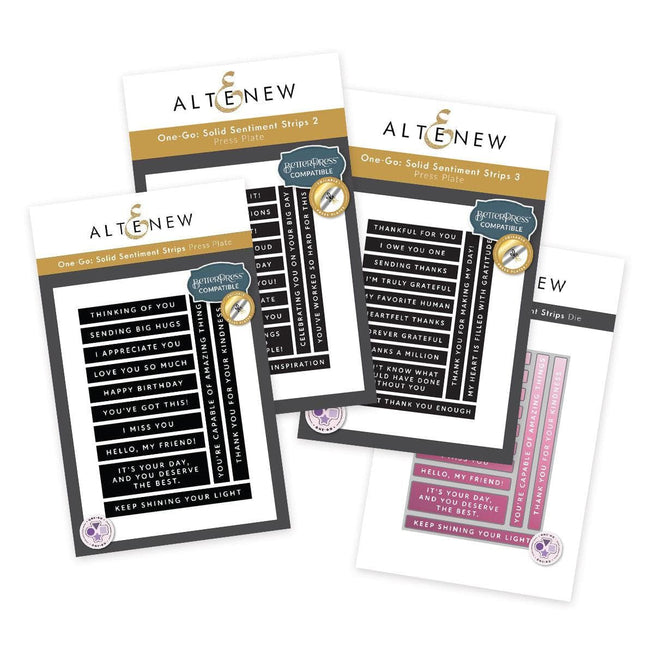 Altenew Solid Sentiments Complete Bundle with metal dies and Betterpress plates for creating greeting cards and crafts.