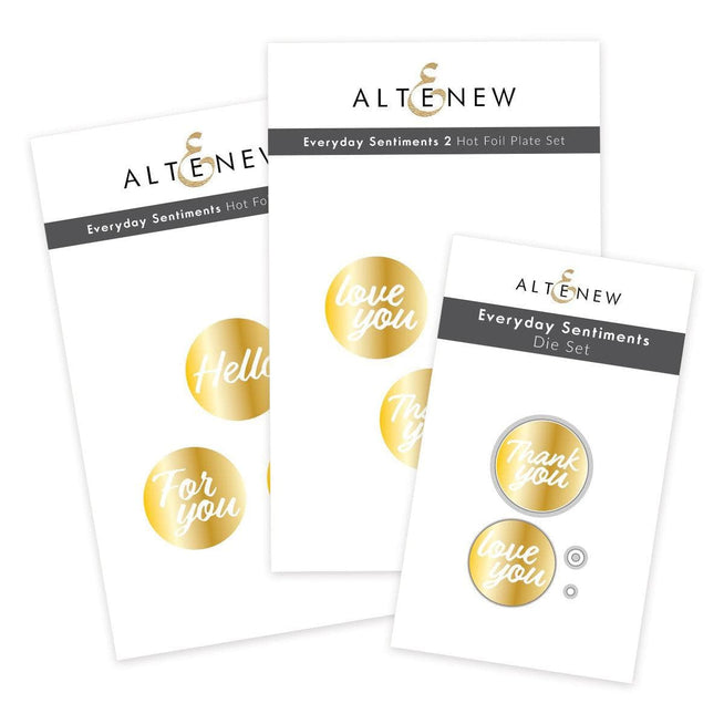 Altenew Everyday Sentiments hot foil plate and die bundle for card making and craft projects, featuring elegant sentiment designs.