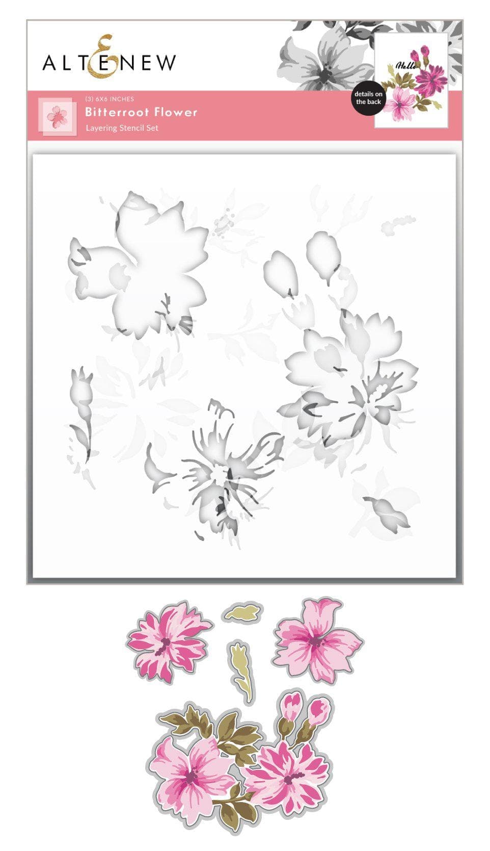 Altenew Bitterroot Flower die and stencil bundle featuring detailed floral designs for crafting and card making.