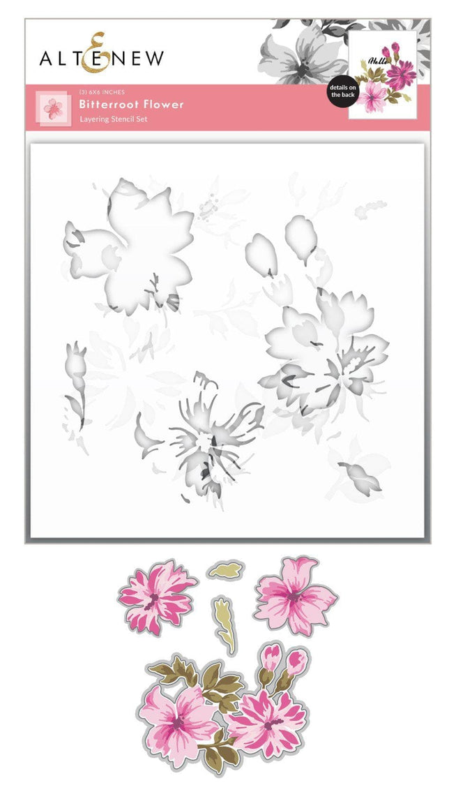 Altenew Bitterroot Flower die and stencil bundle featuring detailed floral designs for crafting and card making.