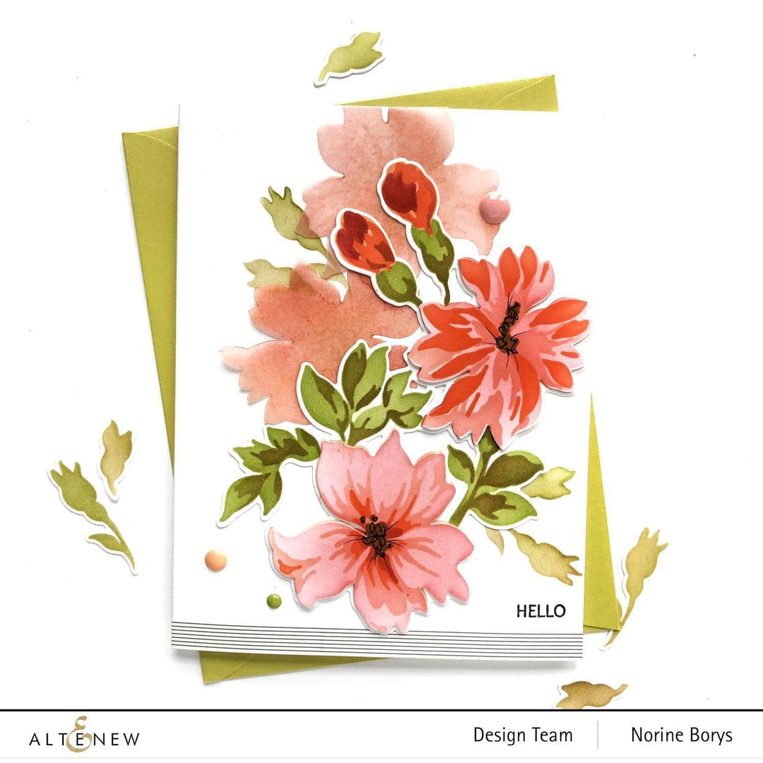 Altenew Bitterroot Flower Die and Stencil Bundle featuring detailed floral designs for paper crafting and card making projects.