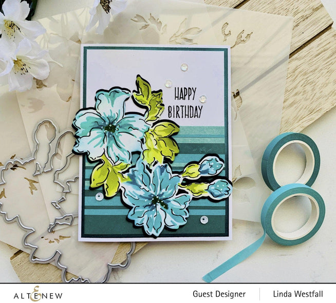 Altenew Bitterroot Flower die and stencil bundle showing detailed floral designs for crafting and scrapbooking projects.