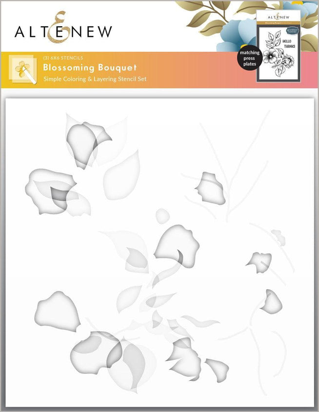 Altenew Blossoming Bouquet die, stencil, embossing folder, and Betterpress plate bundle for paper crafting and card making.