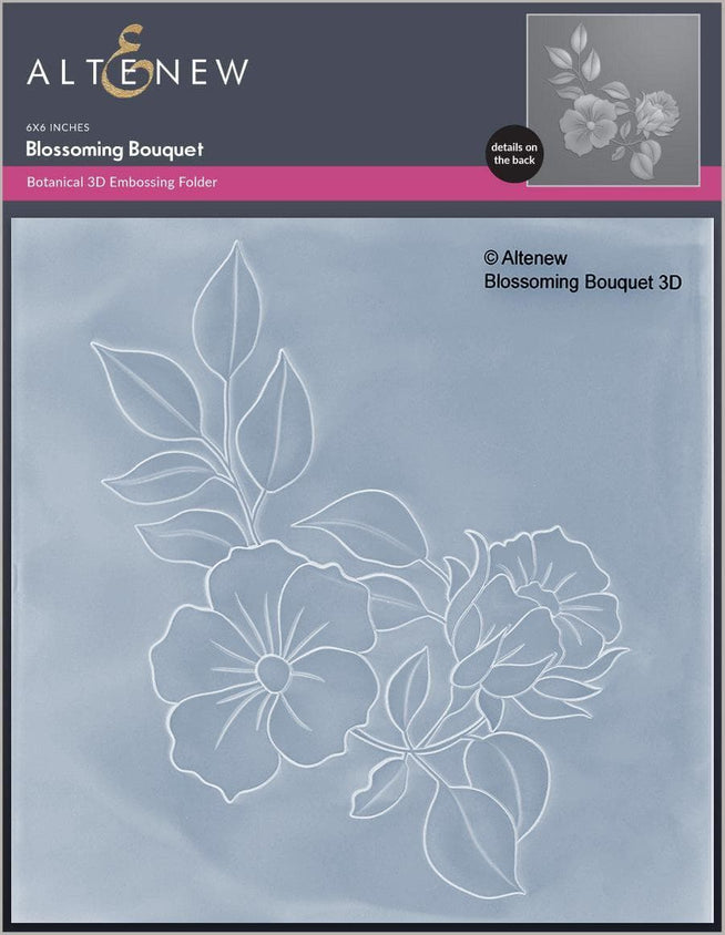 Altenew Blossoming Bouquet die, stencil, embossing folder, and Betterpress plate bundle for card making and crafting projects.