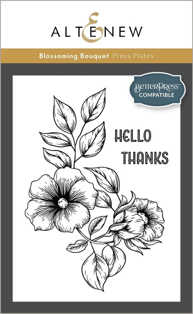 Altenew Blossoming Bouquet die, stencil, embossing folder, and Betterpress plate bundle for floral crafting and card making.