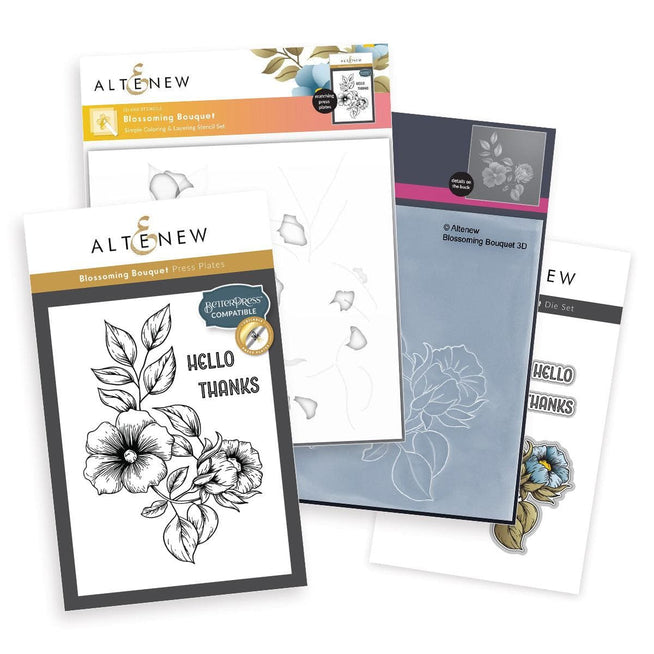 Altenew Blossoming Bouquet die, stencil, embossing folder, and Betterpress plate bundle for card making and craft projects.