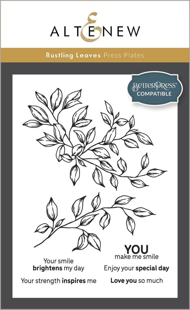 Altenew Rustling Leaves die, stencil, embossing folder, and Betterpress plate bundle for paper crafting and embossing projects.