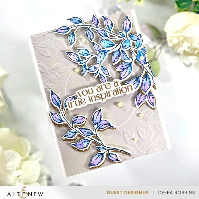 Altenew Rustling Leaves die, stencil, embossing folder, and Betterpress plate bundle for crafting and card making.
