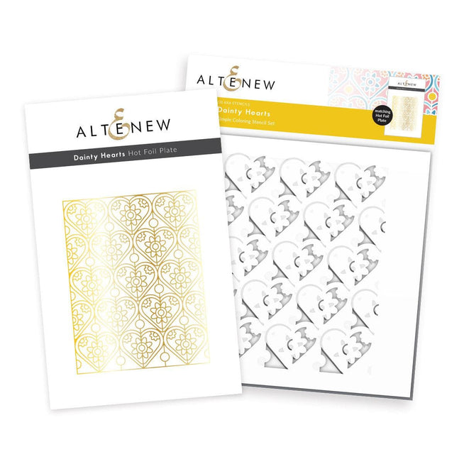 Altenew Dainty Hearts hot foil plate and stencil bundle with intricate heart designs on white background.