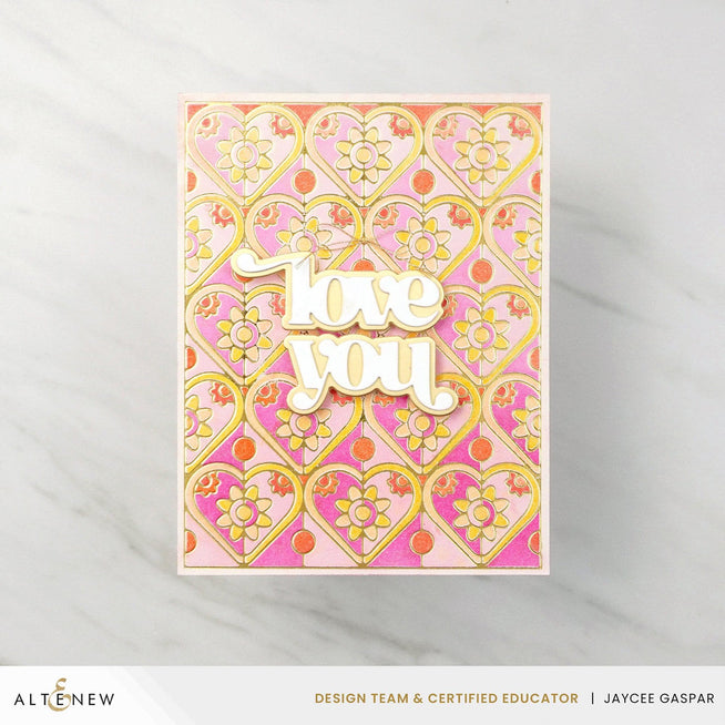 Altenew Dainty Hearts hot foil plate and stencil bundle with intricate heart designs and matching stencils for card making.