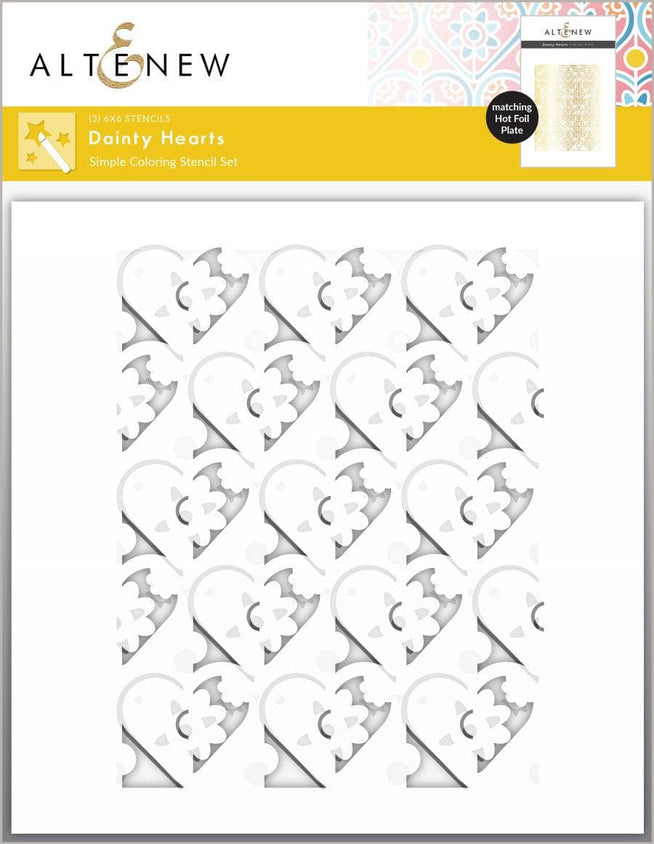 Altenew Dainty Hearts hot foil plate and stencil bundle featuring delicate heart designs and intricate patterns for crafting.