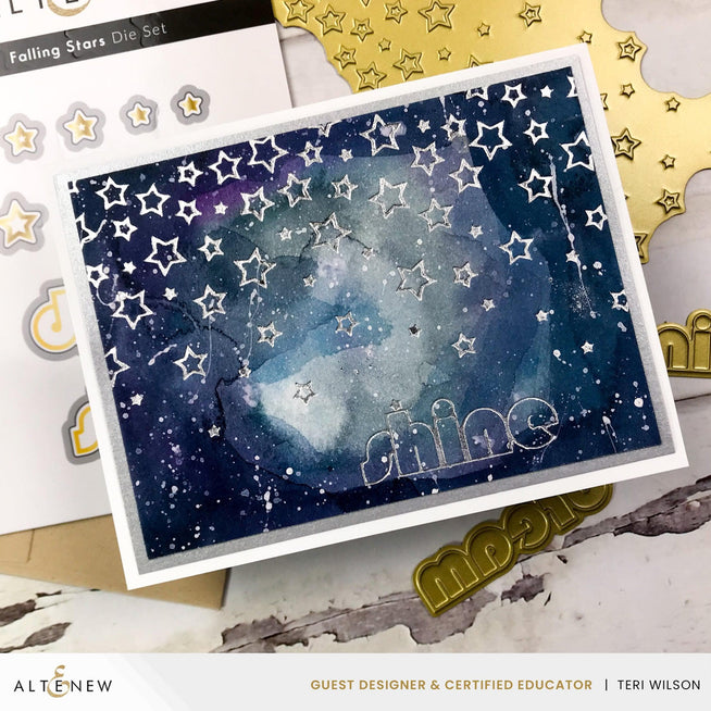 Altenew Falling Stars die, stencil, and hot foil plate bundle featuring star designs for card making and crafting projects.
