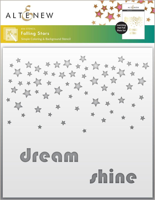 Altenew Falling Stars die, stencil, and hot foil plate bundle featuring star designs for crafting and card making projects.
