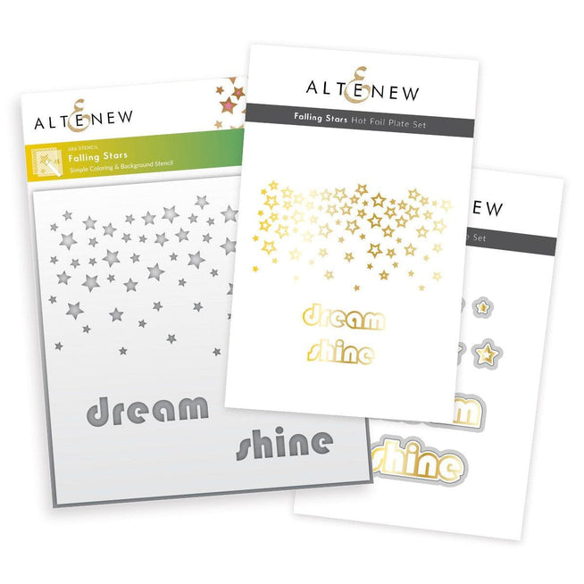 Altenew Falling Stars die, stencil, and hot foil plate bundle with star designs on a crafting background.