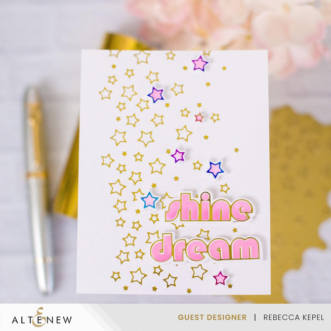 Altenew Falling Stars die, stencil, and hot foil plate bundle featuring star patterns for crafting and card making projects.