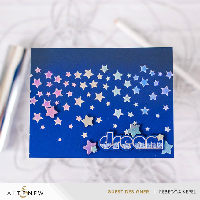 Altenew Falling Stars die, stencil, and hot foil plate bundle featuring star designs for crafting and card making.