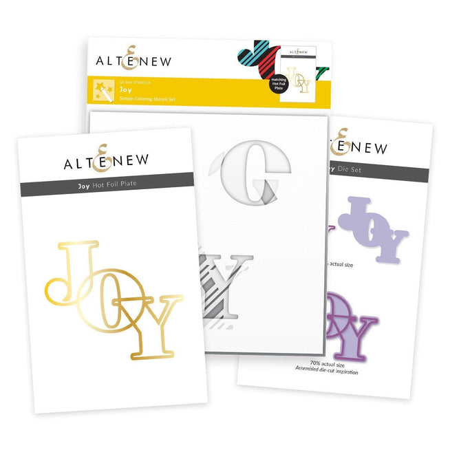 Altenew Joy die, stencil, and hot foil plate bundle with intricate floral and festive designs for crafting projects.
