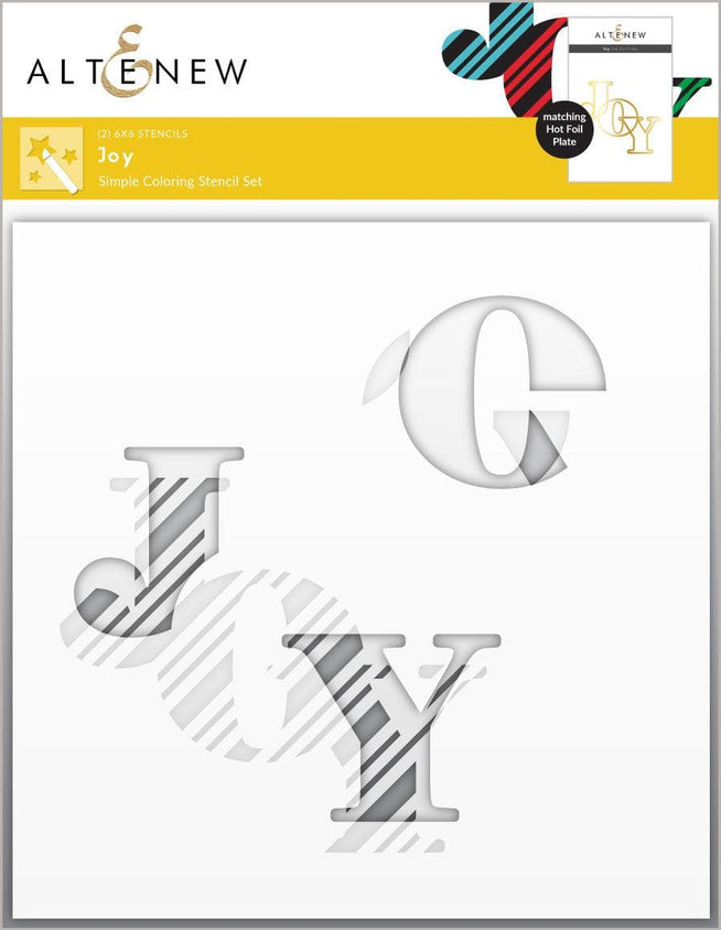 Altenew Joy die, stencil, and hot foil plate bundle featuring festive holiday design elements for craft projects.