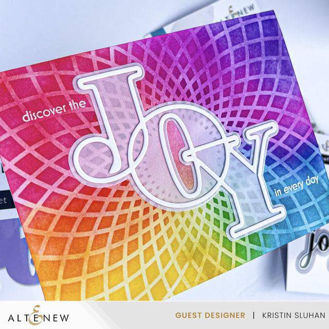 Altenew Joy die, stencil, and hot foil plate bundle for crafting, featuring festive holiday design elements.