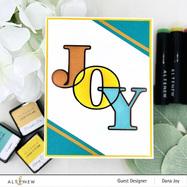 Altenew Joy die, stencil, and hot foil plate bundle for crafting and card making, featuring intricate floral and sentiment designs.