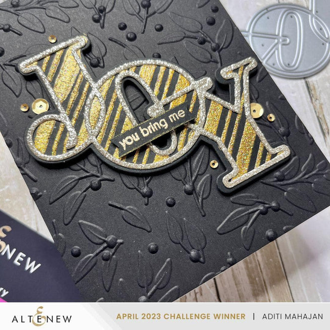 Altenew Joy die, stencil, and hot foil plate bundle with intricate floral and script designs for crafting and card making.