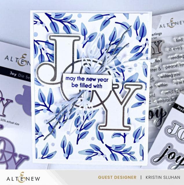 Altenew Joy die, stencil, and hot foil plate bundle for crafting and card making, featuring floral and festive designs.