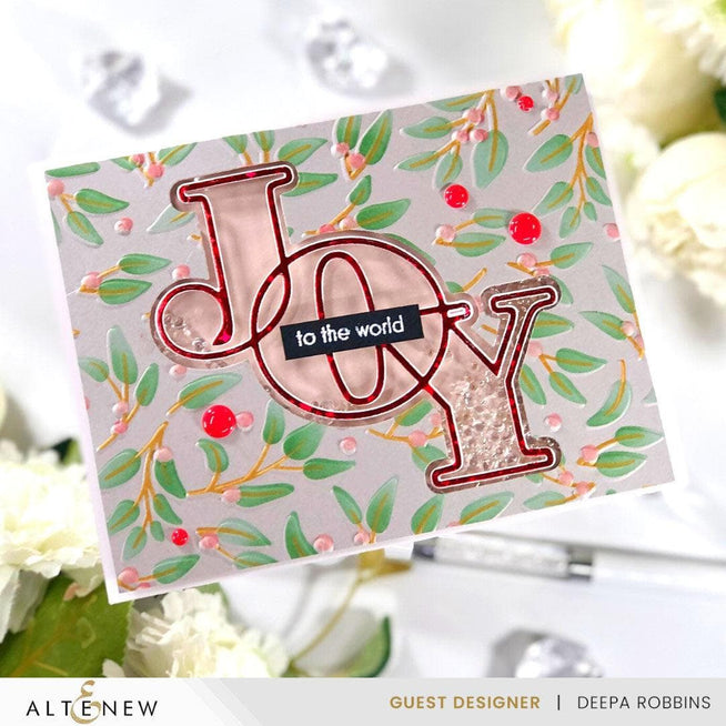 Altenew Joy die, stencil, and hot foil plate bundle featuring festive designs for crafting and card-making projects.
