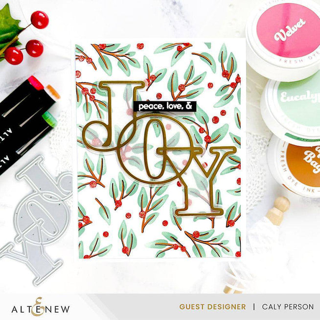 Altenew Joy die, stencil, and hot foil plate bundle featuring festive holiday design for crafting and card making projects.