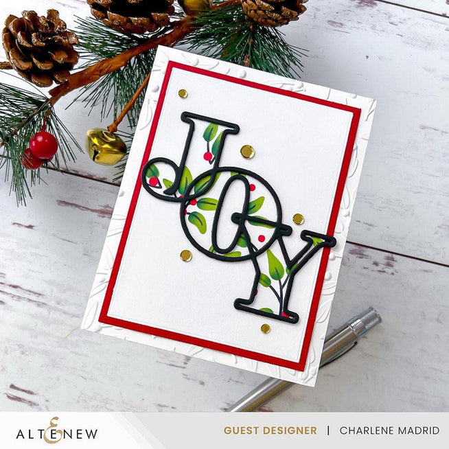 Altenew Joy die, stencil, and hot foil plate bundle featuring festive Christmas designs for card-making and craft projects.