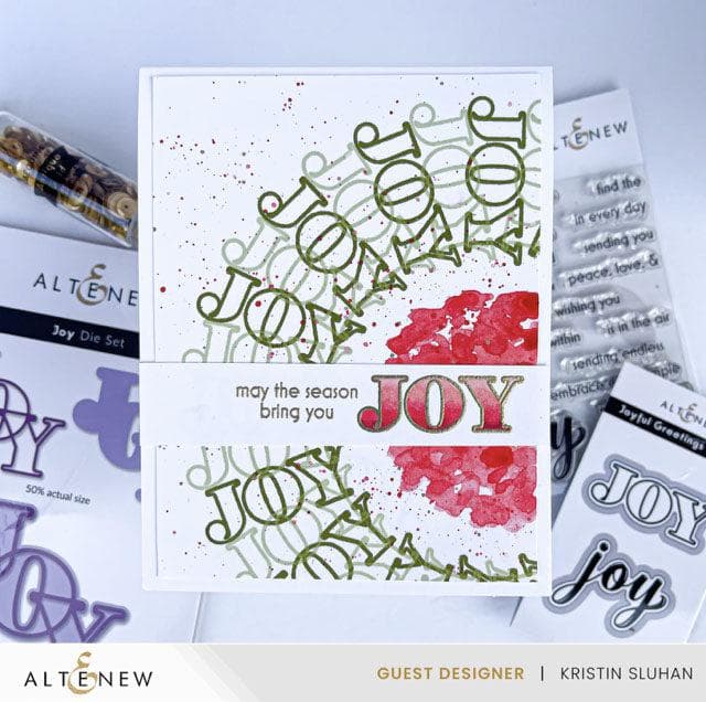 Altenew Joy die, stencil, and hot foil plate bundle featuring festive holiday designs for card making and crafting projects.