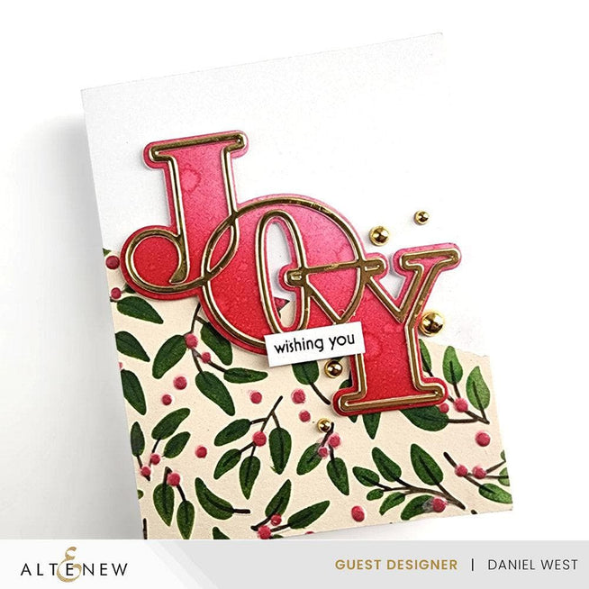 Altenew Joy die, stencil, and hot foil plate bundle for crafting and card making with festive holiday design.