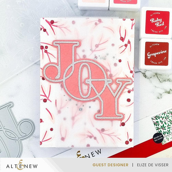 Altenew Joy die, stencil, and hot foil plate bundle featuring festive holiday designs for crafting and card making.
