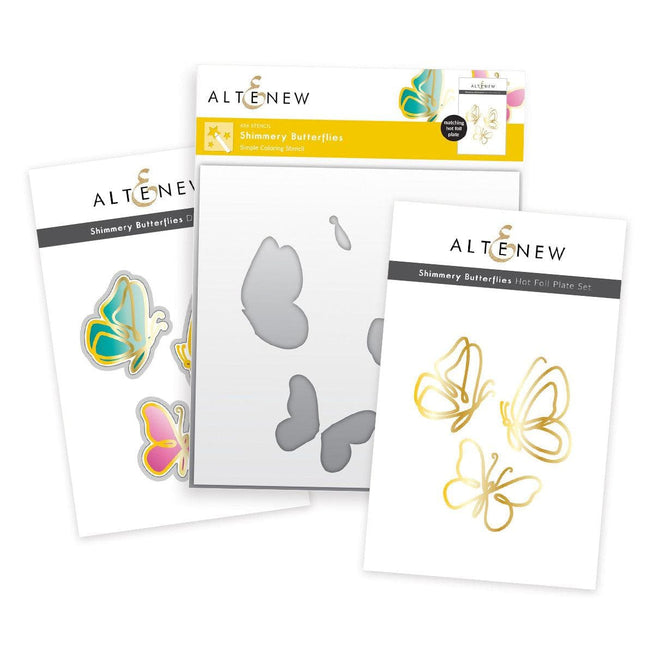 Altenew Shimmery Butterflies die, stencil, and hot foil plate bundle with butterfly designs for crafting and card making projects.